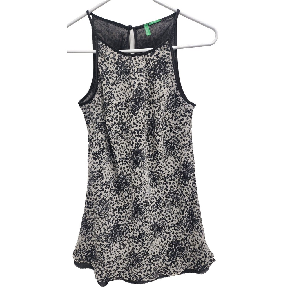 United Color Of Benetton Womens Top XS Cream Black Floral Sleeveless Office
